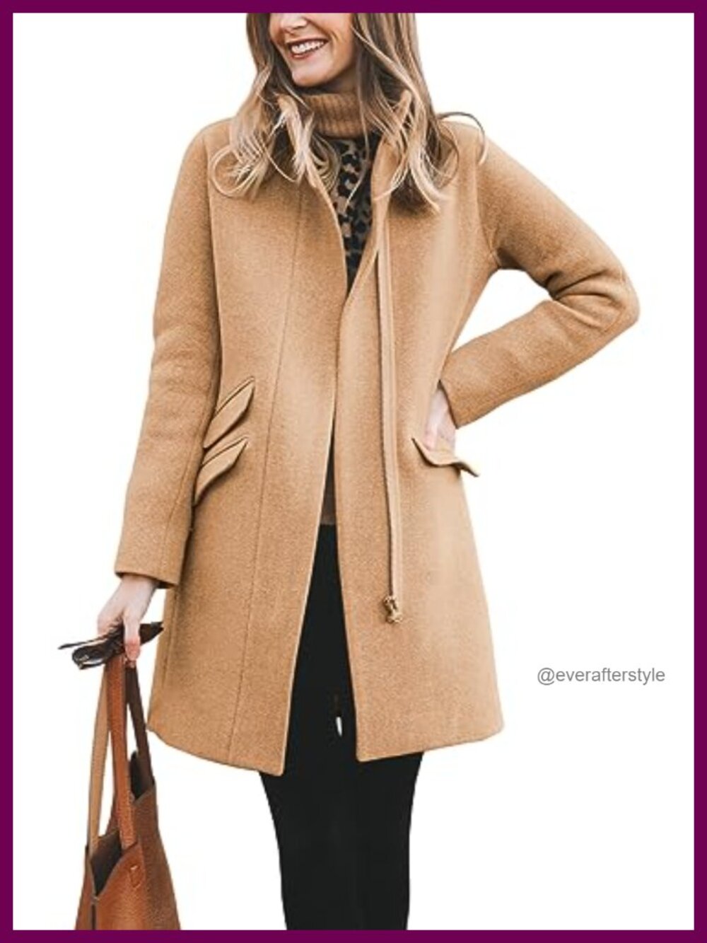 Womens Long Wool Blend Pea Coat Zip Up Funnel Neck Winter Overcoat